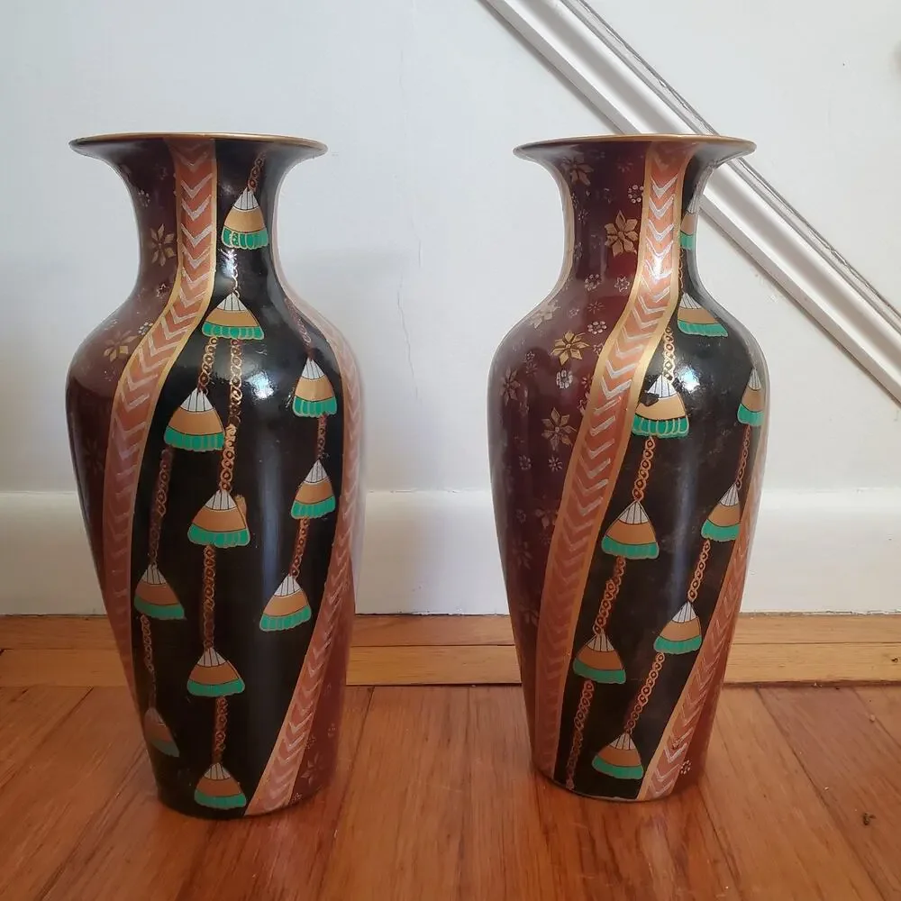 2 Vintage Hand Painted Ceramic Brown Metallic Color Vases